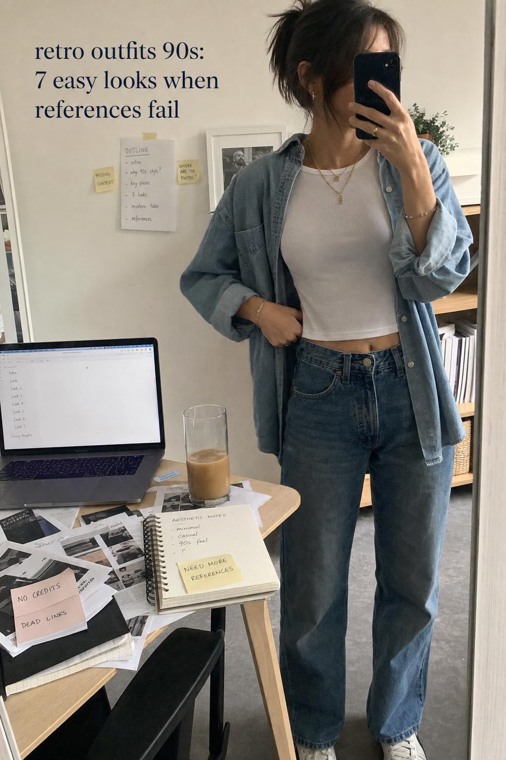 Candid home workspace photo showing casual jeans and tee while researching retro outfits 90s with missing references on laptop