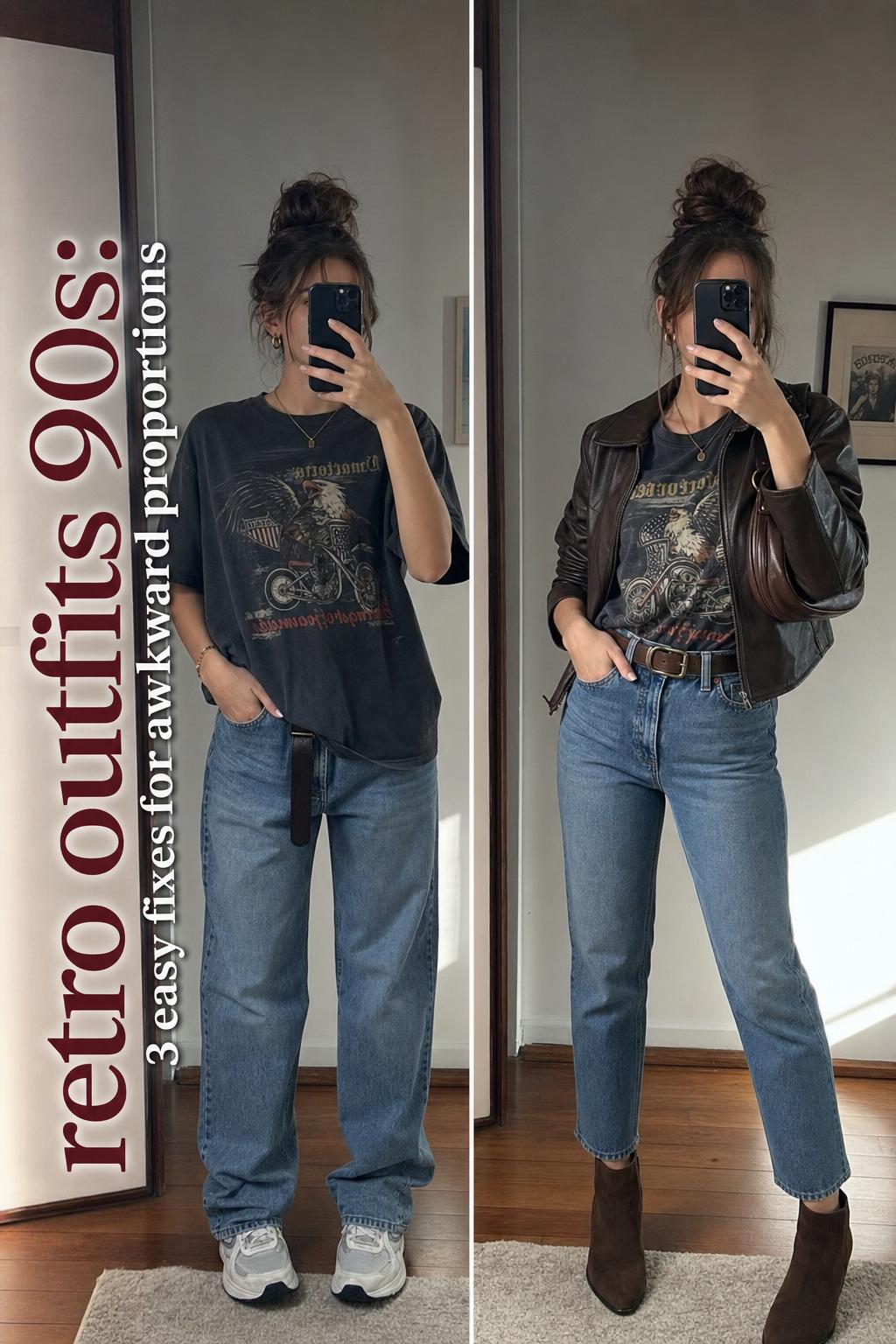 Retro outfits 90s street style with colorful windbreakers, denim jeans, and sneakers in an urban setting