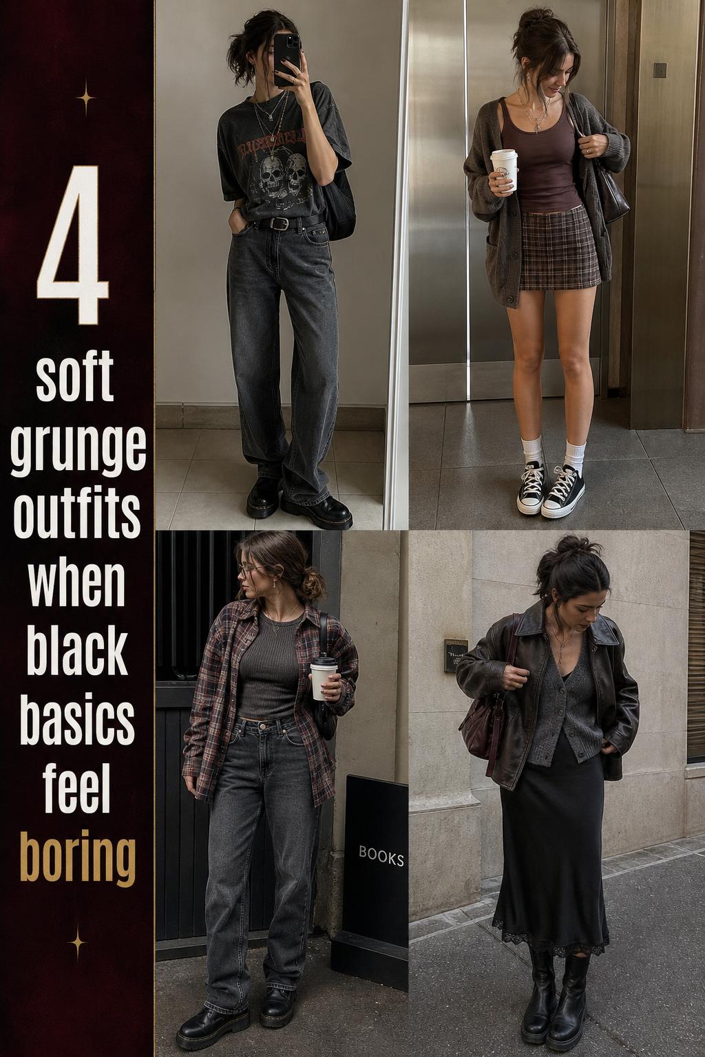 Soft grunge outfits grid with four muted black and plaid layered looks, chunky boots and sneakers, Pinterest-style hook text