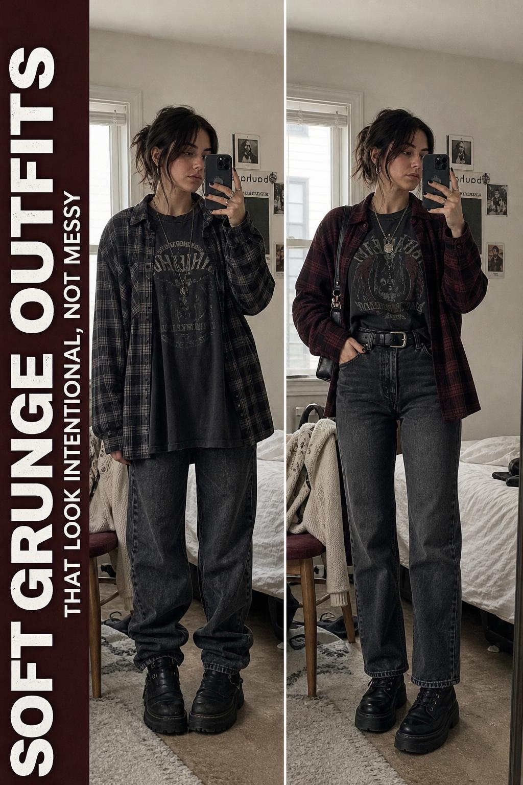 Soft grunge outfits featuring layered flannel, ripped jeans, and chunky boots in a moody street-style look