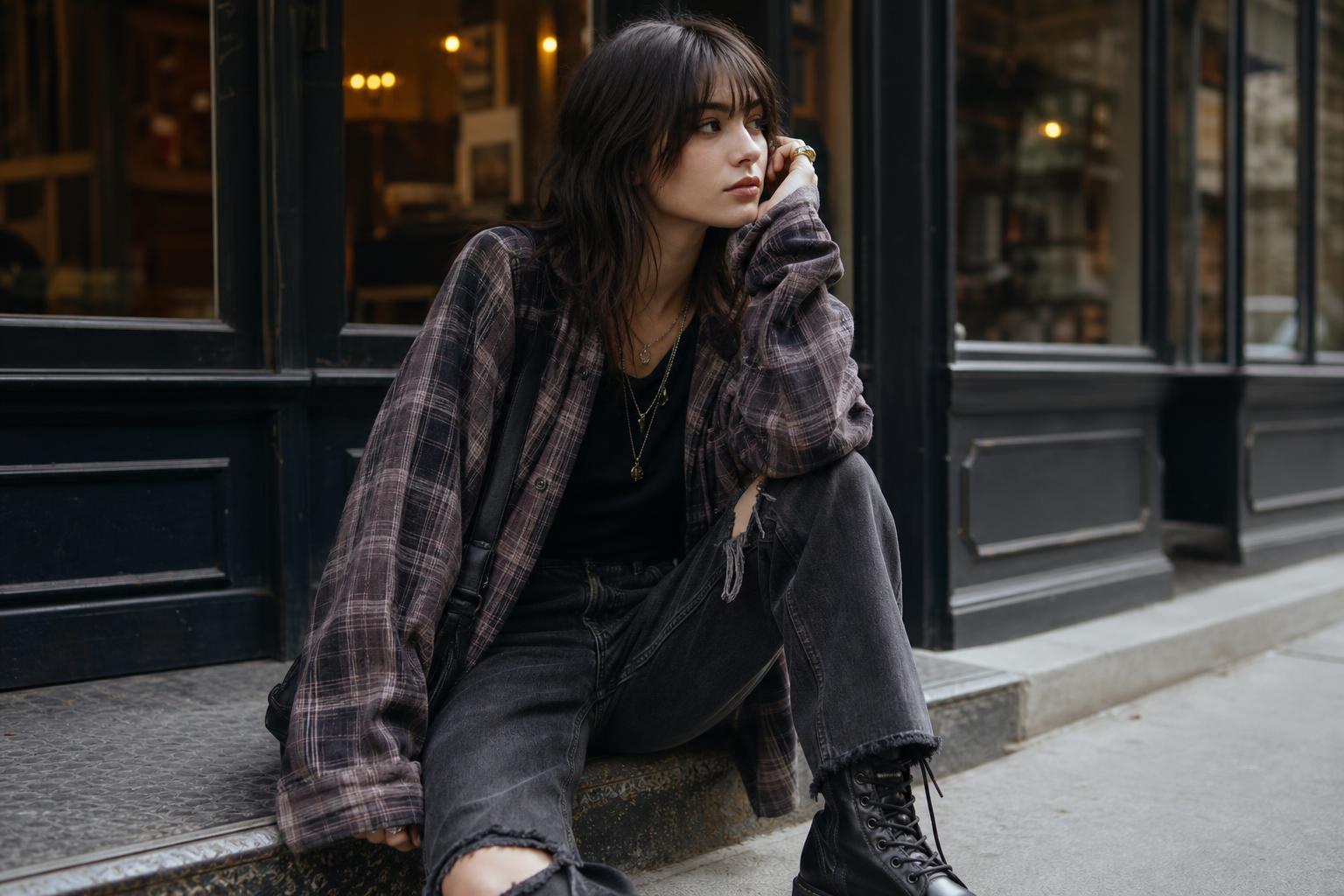 Soft grunge outfits with a plaid flannel, faded black tee, straight-leg jeans, and chunky boots for everyday style