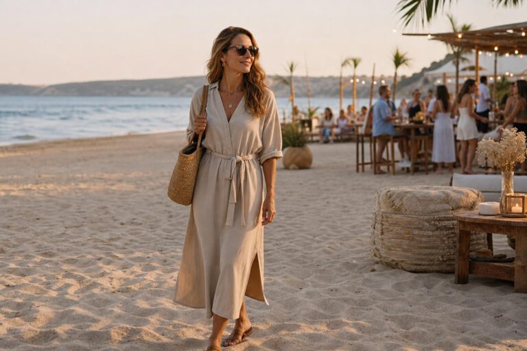 Beach party outfits in soft neutral linen with woven bag and flat sandals at sunset on a sandy beach