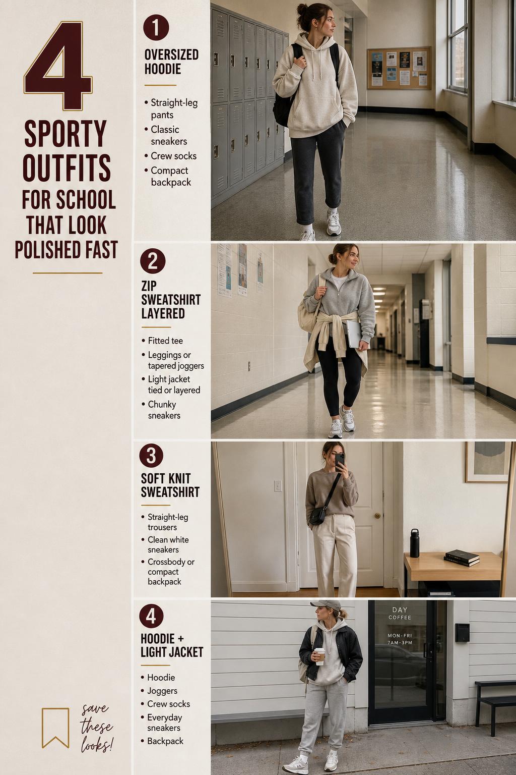 Sporty outfits for school checklist with four women in neutral layered looks, hoodies, joggers, sneakers, and backpacks