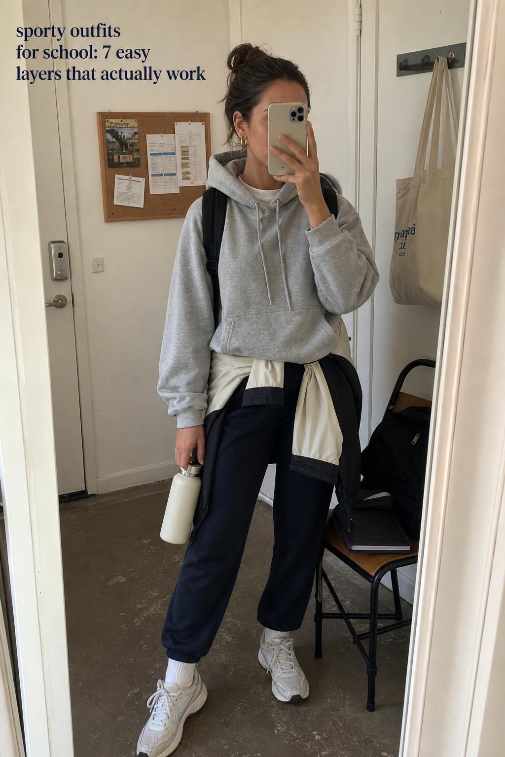 Sporty outfits for school mirror selfie of a 25+ woman in a campus hallway wearing a neutral hoodie, joggers, and sneakers.