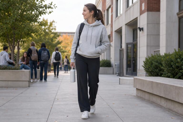 Sporty outfits for school with hoodie, straight-leg pants, and clean sneakers for a polished everyday campus look