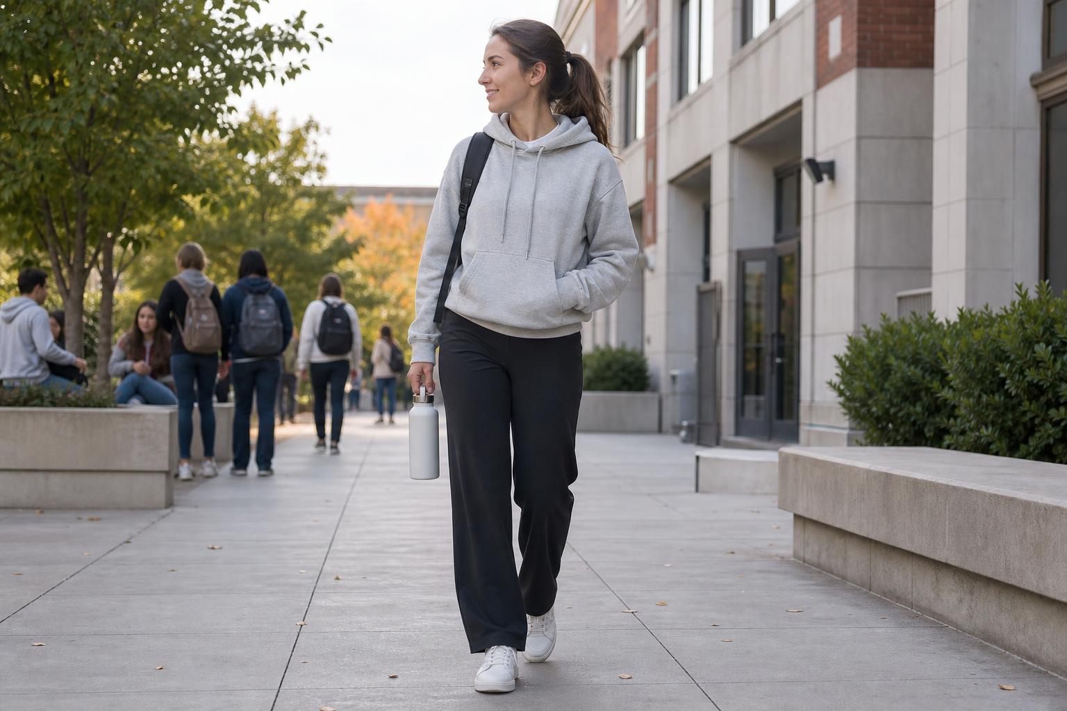 Sporty outfits for school with hoodie, straight-leg pants, and clean sneakers for a polished everyday campus look