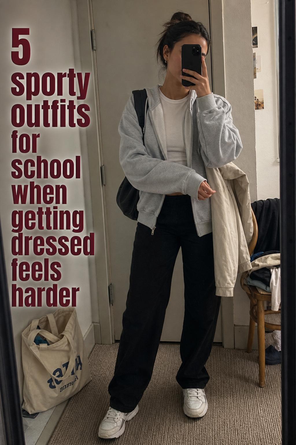 Sporty outfits for school mirror selfie in apartment hallway, adult woman in gray hoodie, black pants and worn white sneakers