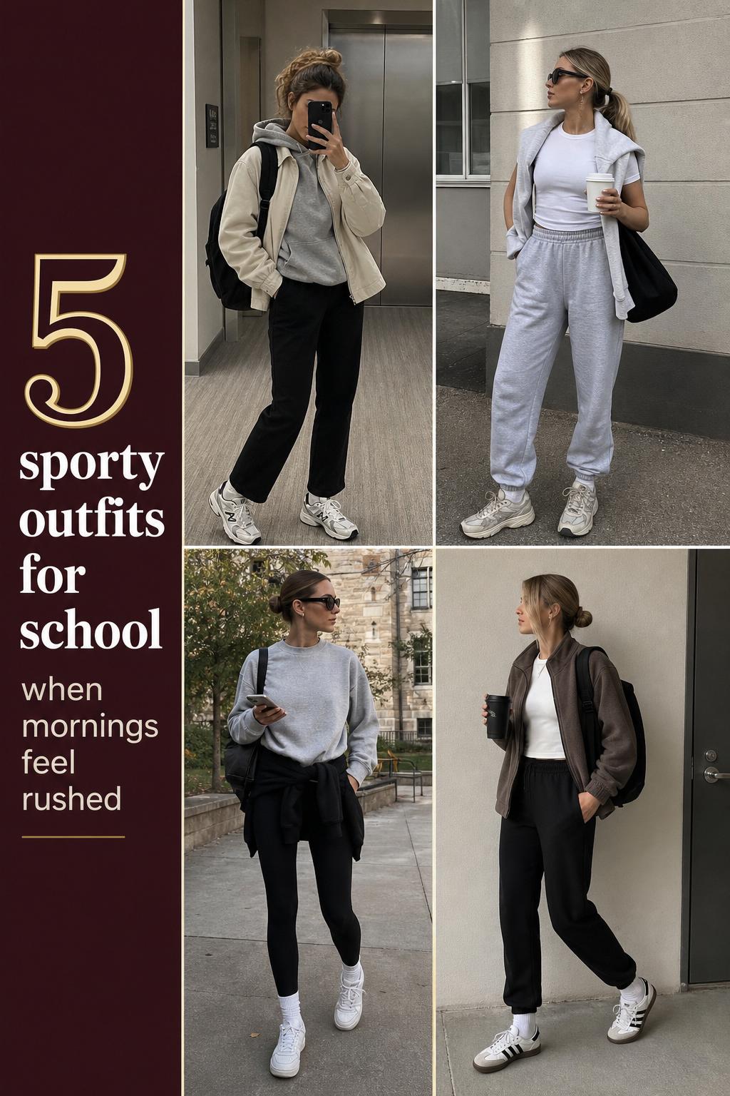 Sporty outfits for school collage with four women in neutral campus-ready looks, hoodies, joggers, leggings, and sneakers.