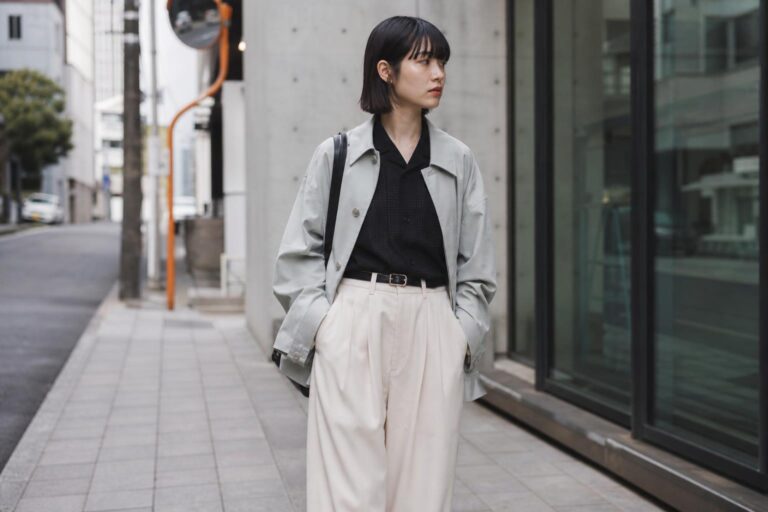 Japanese outfits street style in spring city look with wide-leg trousers, structured jacket, and tonal neutral layers