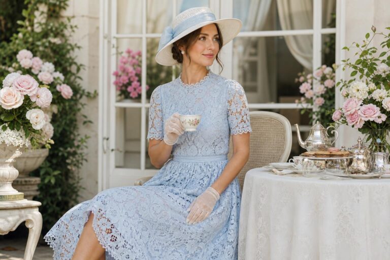 Tea party outfits for women featuring a pastel midi dress with pearl jewelry and a small handbag in spring daylight