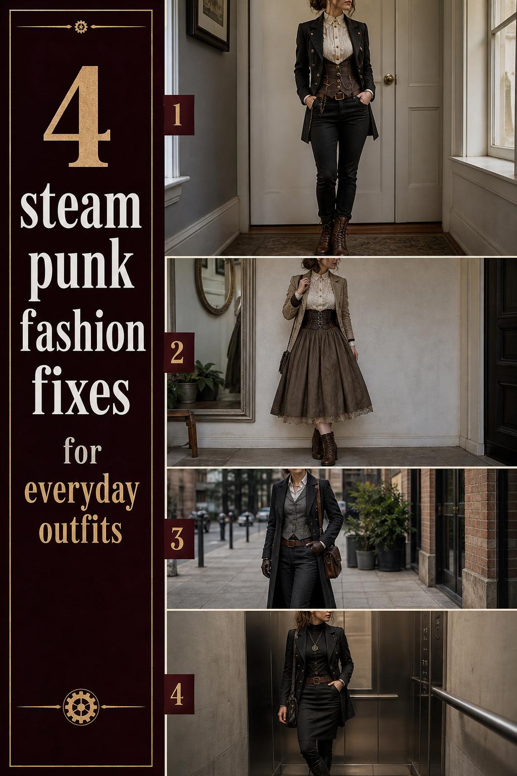 Steam punk fashion outfit guide featuring 4 wearable everyday looks in a clean Pinterest-style checklist layout