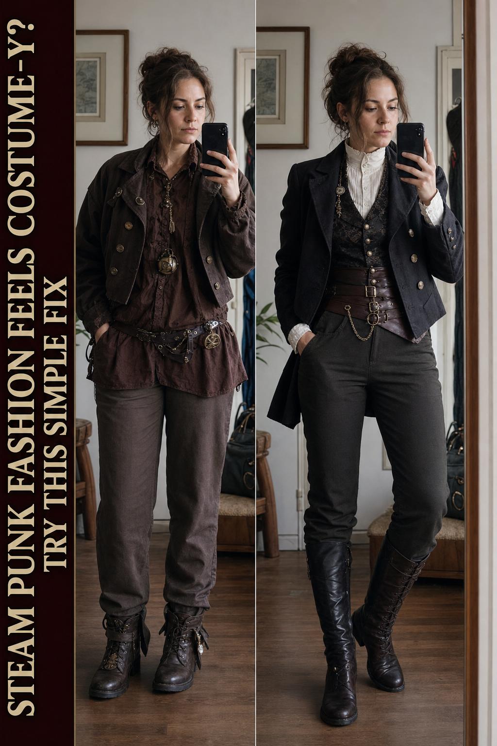 Steam punk fashion portrait featuring a corset, goggles, and leather accessories in a Victorian-inspired city street