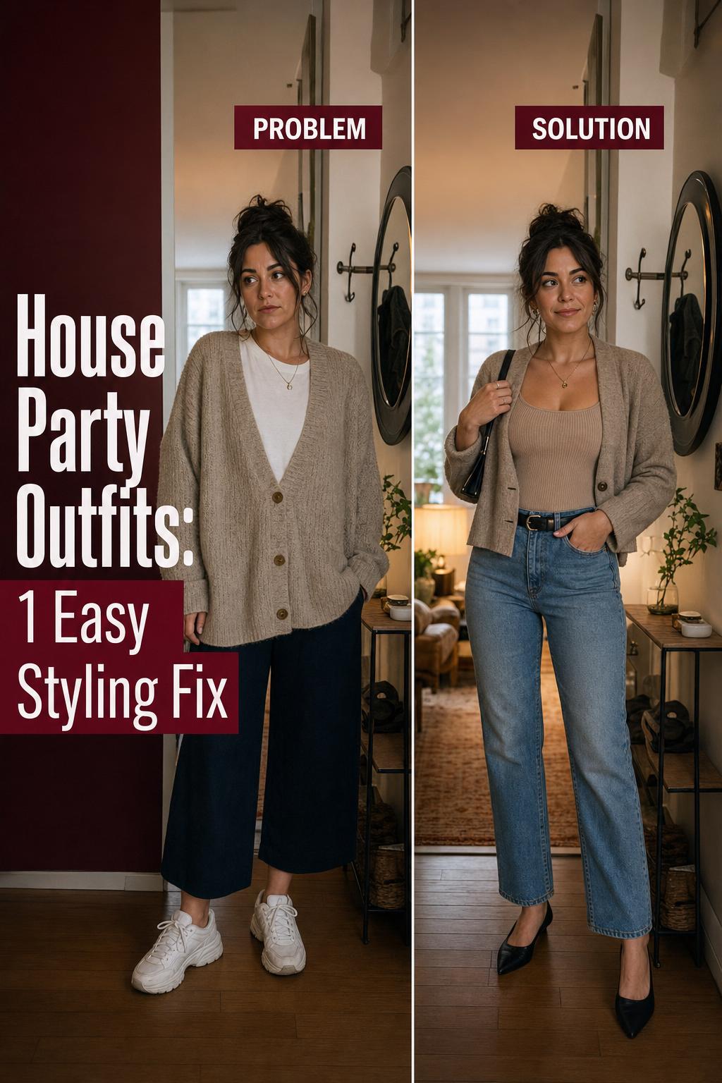Stylish house party outfits on friends posing in a modern living room, ready for a night of fun