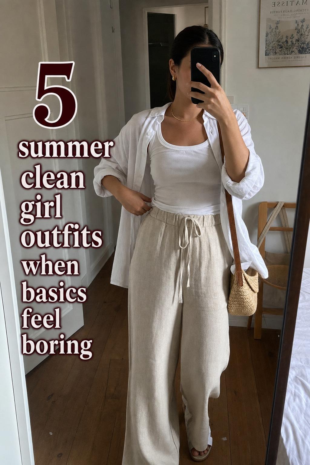Mirror selfie of summer clean girl outfits with white tank, linen trousers and open shirt in a lived-in apartment hallway
