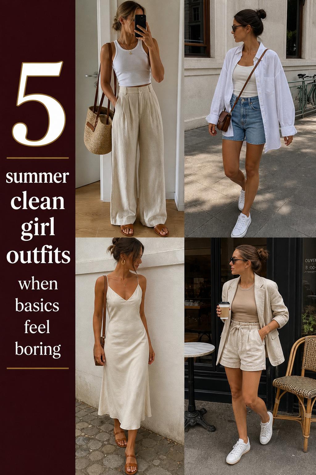 Pinterest collage of summer clean girl outfits with four neutral looks in real summer street settings and bold text overlay