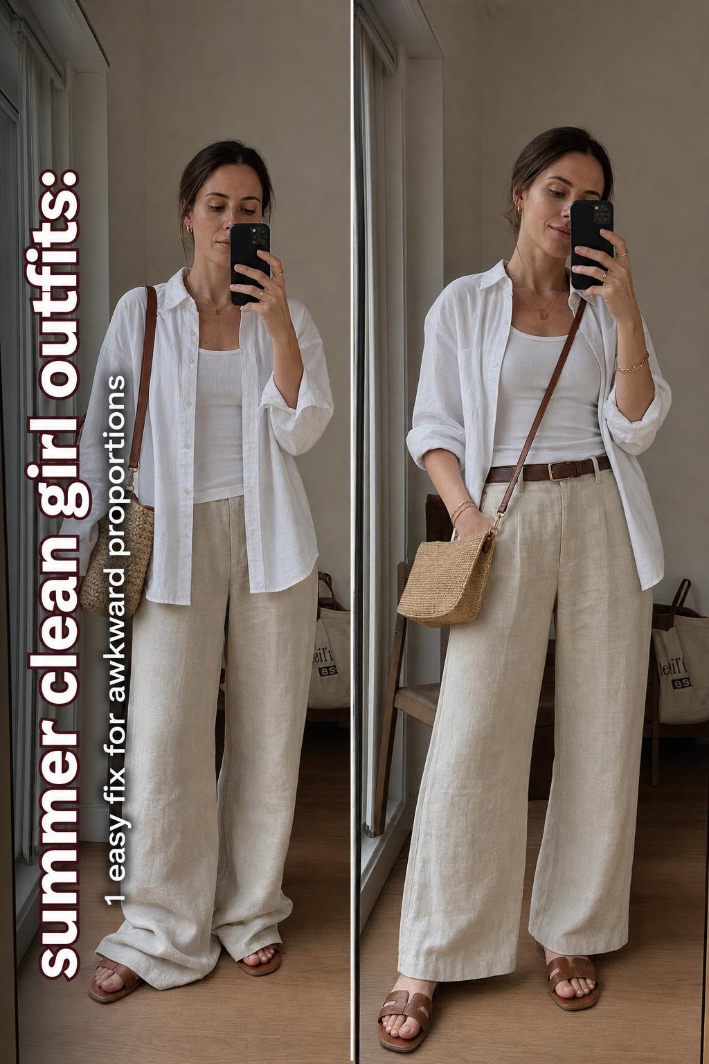 Summer clean girl outfits featuring a minimalist white linen set with gold jewelry and sunglasses in bright sunlight