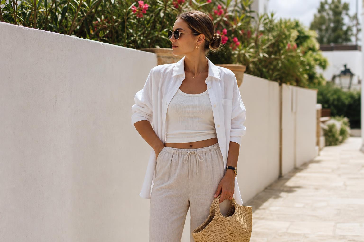 Summer clean girl outfits with white tank, beige linen pants, flat sandals, and delicate gold layered necklaces in soft daylight