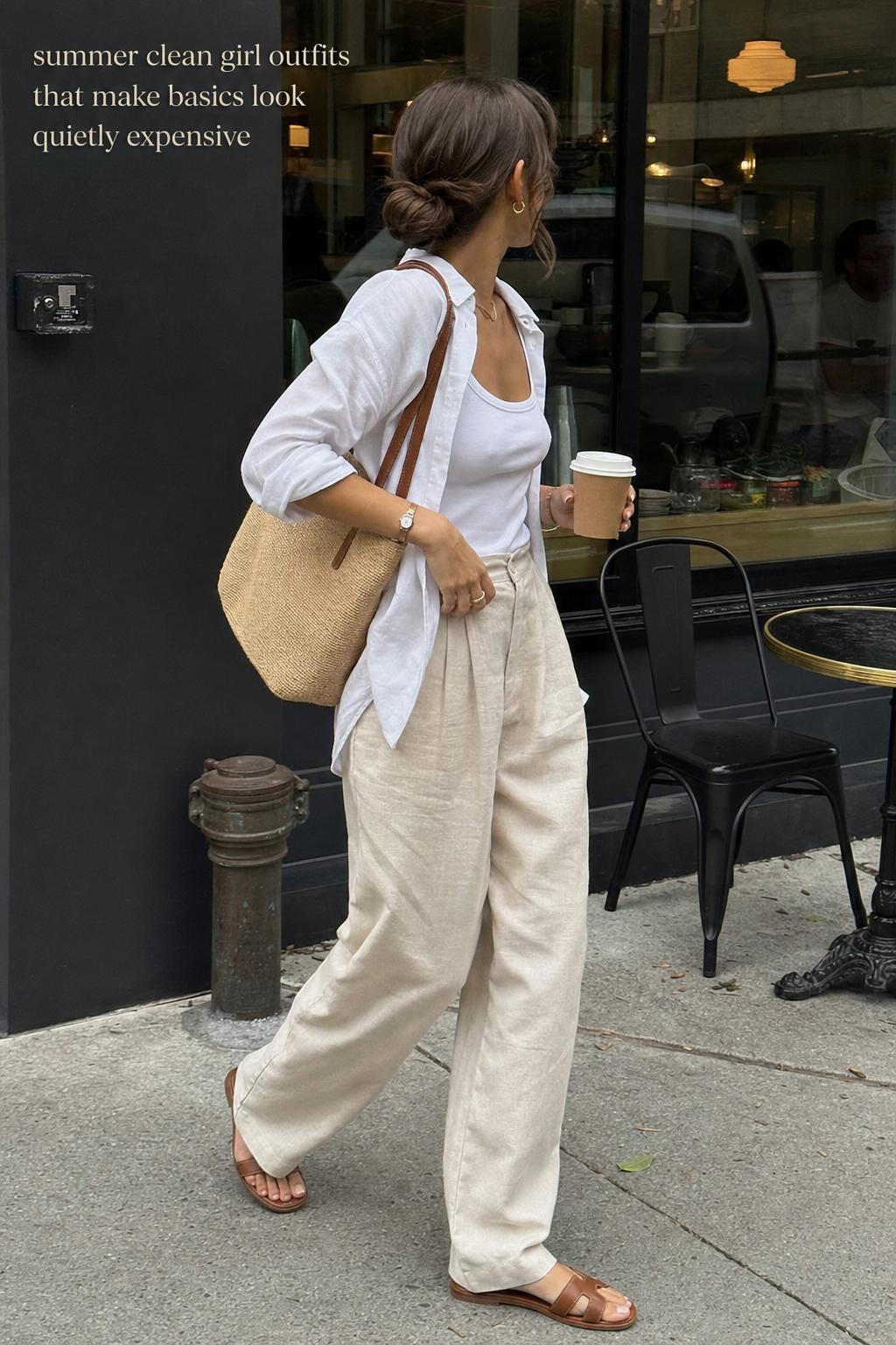 Summer clean girl outfits on a woman in a white tank, open shirt, and beige linen pants walking past a cafe.