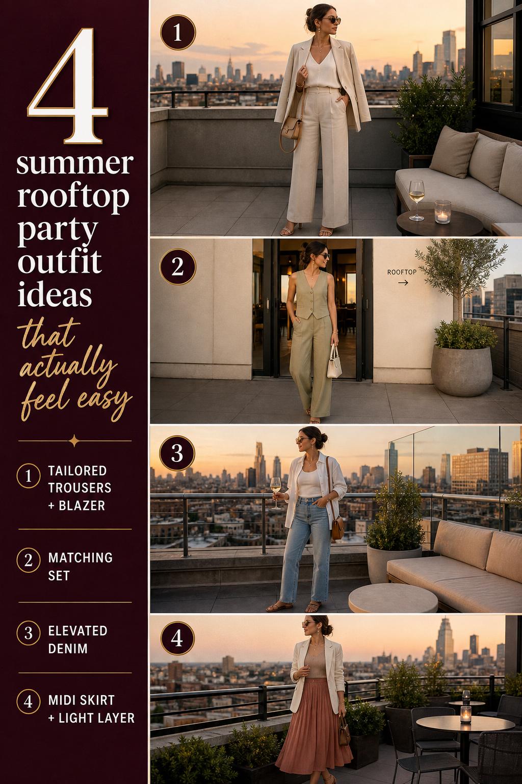 Summer rooftop party outfit guide with four chic looks in neutral tones, styled on women in sunset city rooftop settings