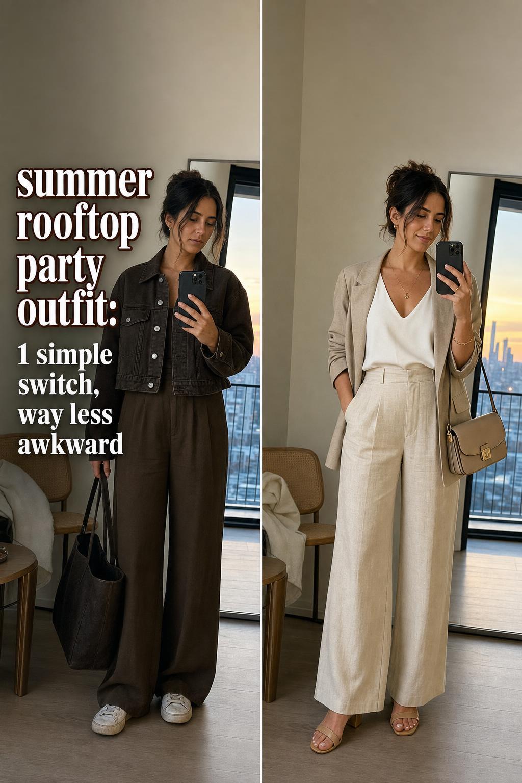 Summer rooftop party outfit with chic dress and sandals overlooking the city skyline at sunset