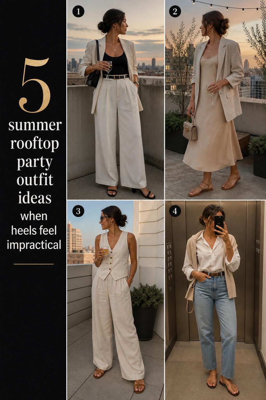 Summer rooftop party outfit grid with four women in neutral looks: tailored trousers, midi slip dress, matching set, and denim.
