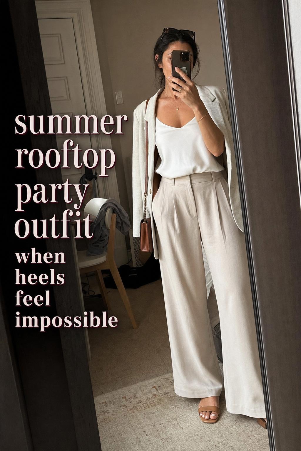 Adult woman mirror selfie in a summer rooftop party outfit with wide-leg trousers, blazer, tank, and sandals in apartment hallway