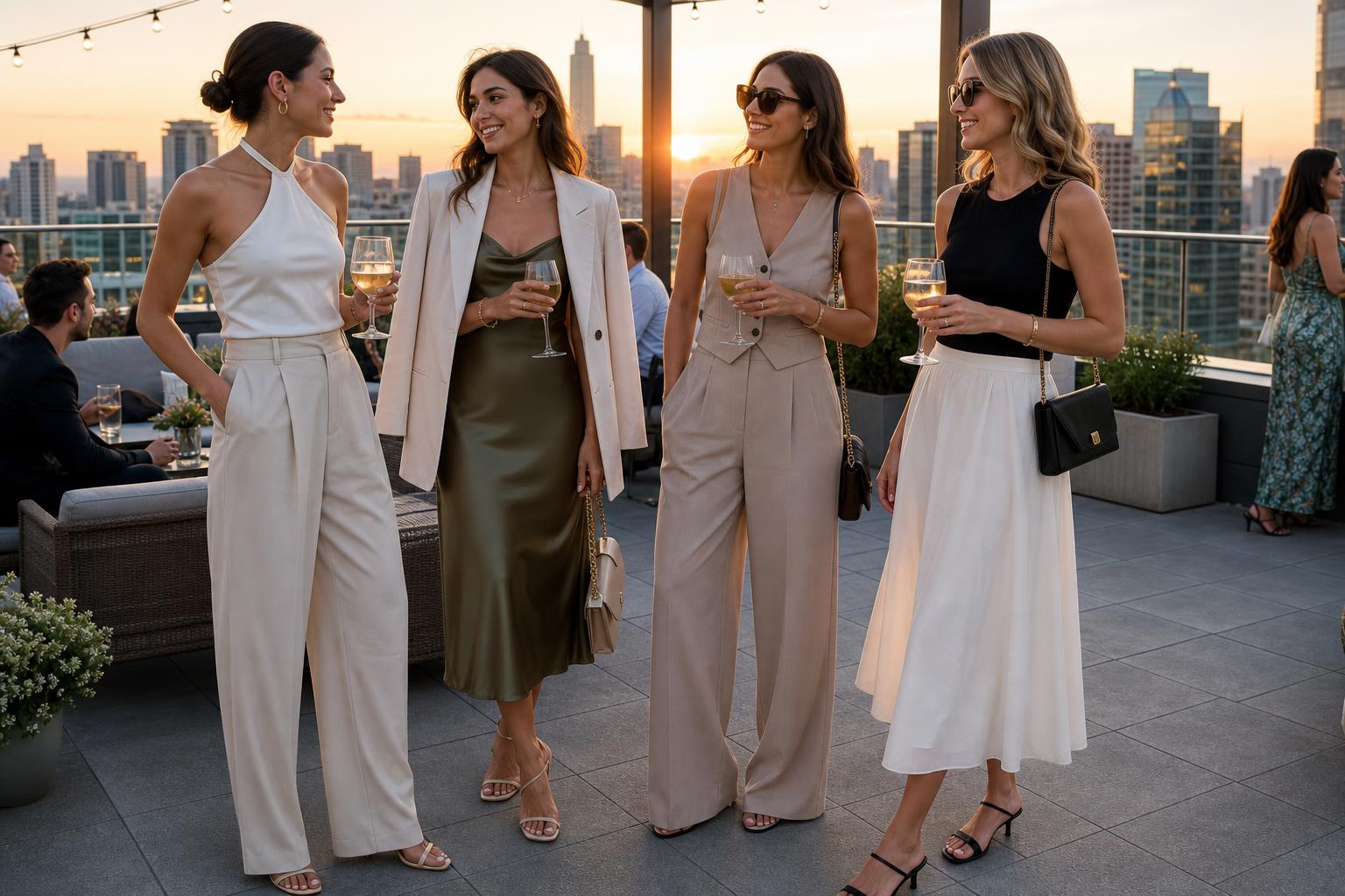 Summer rooftop party outfit with wide-leg trousers, sleeveless top, and minimal sandals against a city skyline at sunset