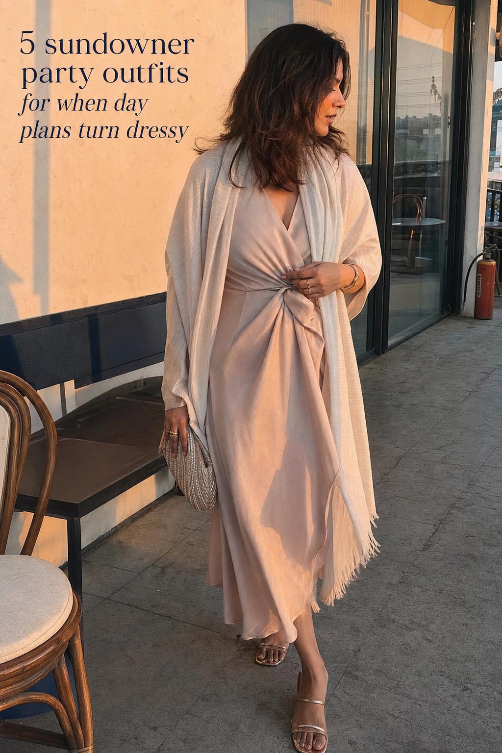 Adult woman in sundowner party outfits wearing a champagne wrap midi dress on a golden-hour rooftop terrace