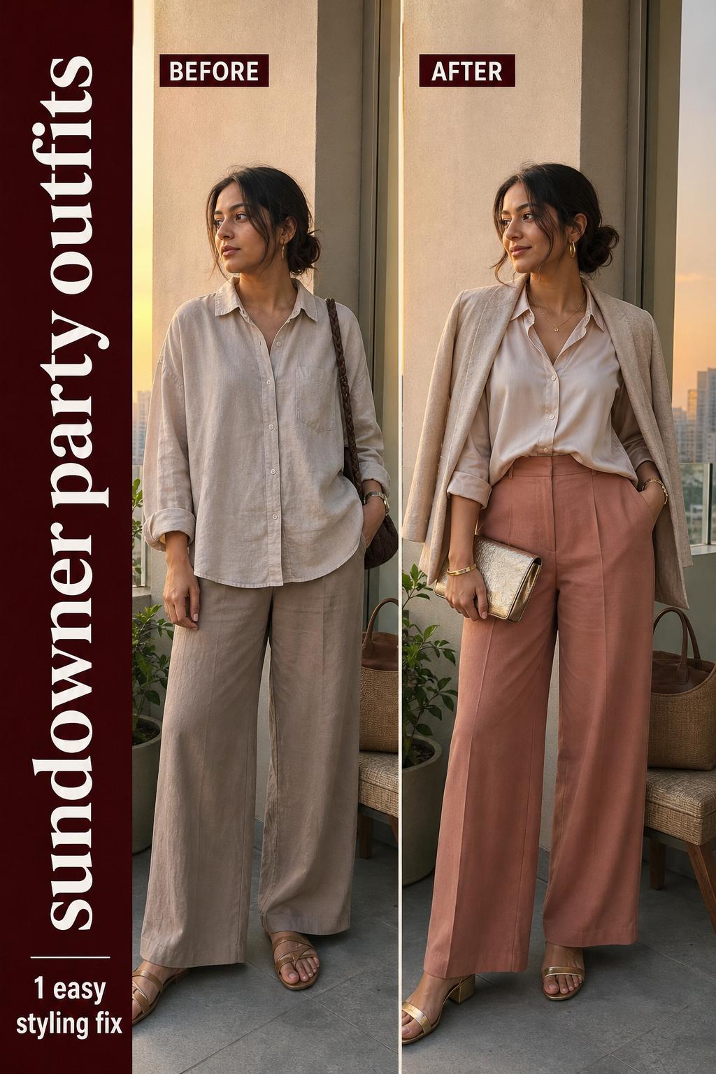 Sundowner party outfits on friends at a beachside rooftop during golden hour with chic summer dresses and linen sets