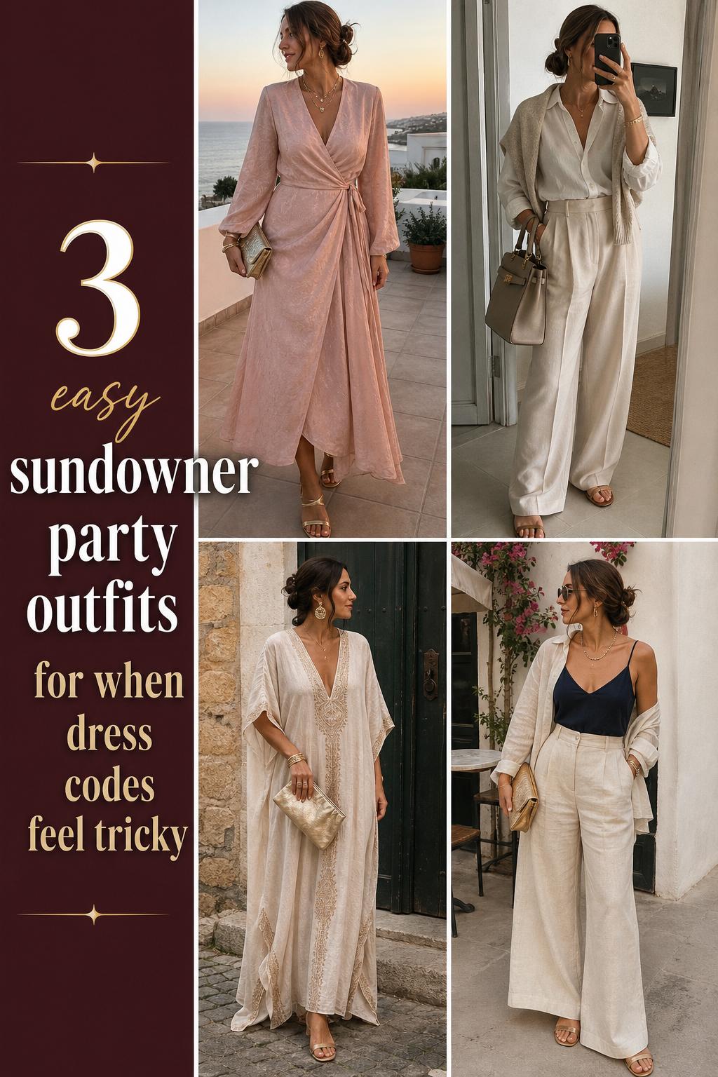 Pinterest-style grid of sundowner party outfits with four chic looks in warm neutrals and gold accents, golden hour settings