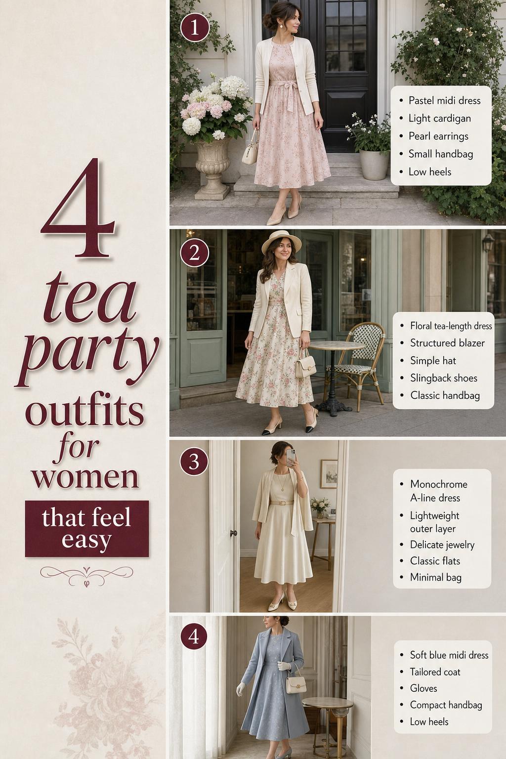 Tea party outfits for women guide with 4 modest looks in soft pastels, styled in a clean Pinterest outfit checklist layout