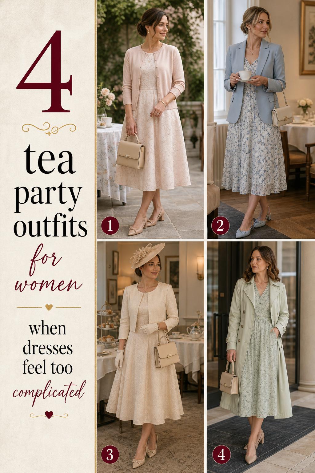 Tea party outfits for women collage featuring 4 pastel dress looks with cardigans, blazers, trench coats, and heels in daylight settings