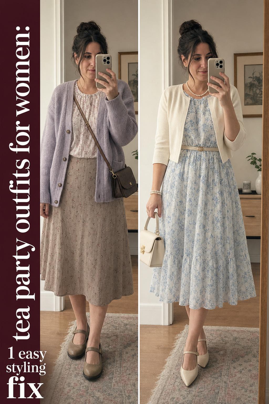 Elegant tea party outfits for women styled for an afternoon garden tea with pastel dress, hat, and accessories