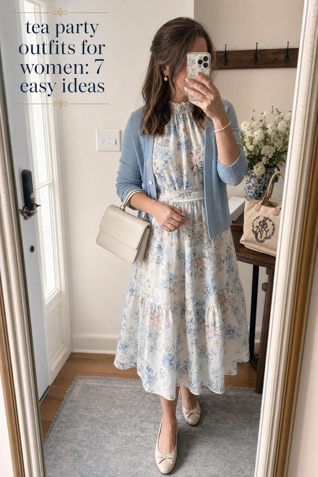 tea party outfits for women mirror selfie in a softly lit hallway, pastel midi dress with pearls and small handbag