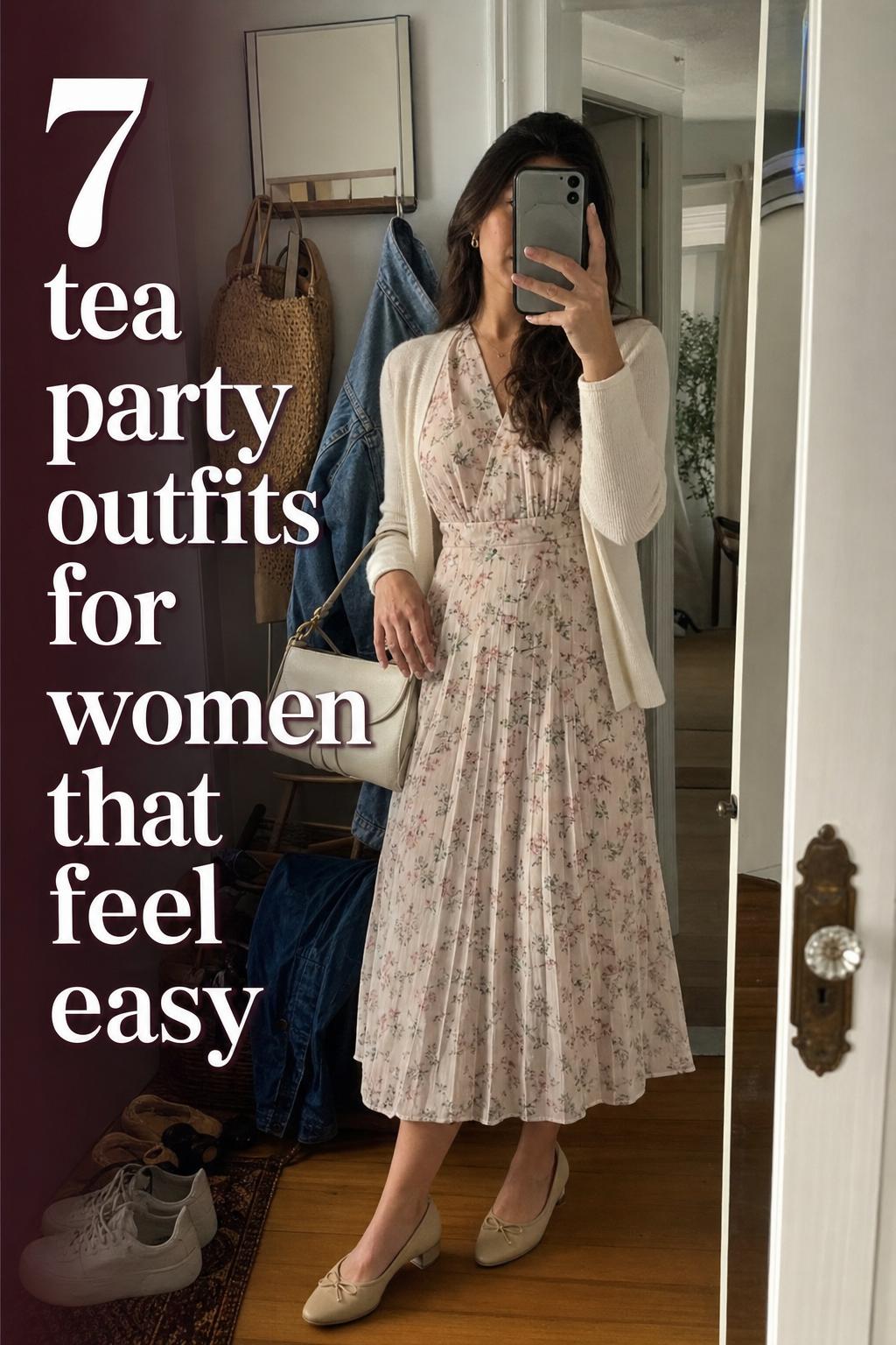 Tea party outfits for women mirror selfie in a pastel midi dress with pearls and flats in a cozy apartment hallway