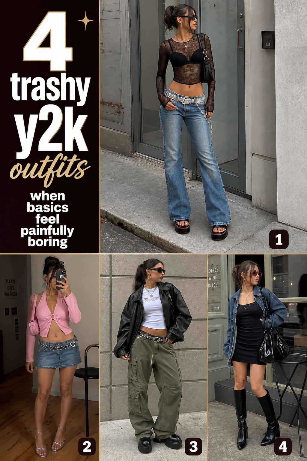 Trendy trashy y2k outfits checklist featuring 4 low-rise denim and mini skirt looks with mesh tops, chain belts, and platforms