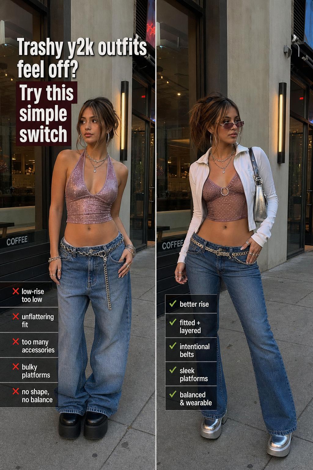 Trashy y2k outfits styled with low-rise jeans, rhinestone top, and mini shoulder bag in a candid street photo