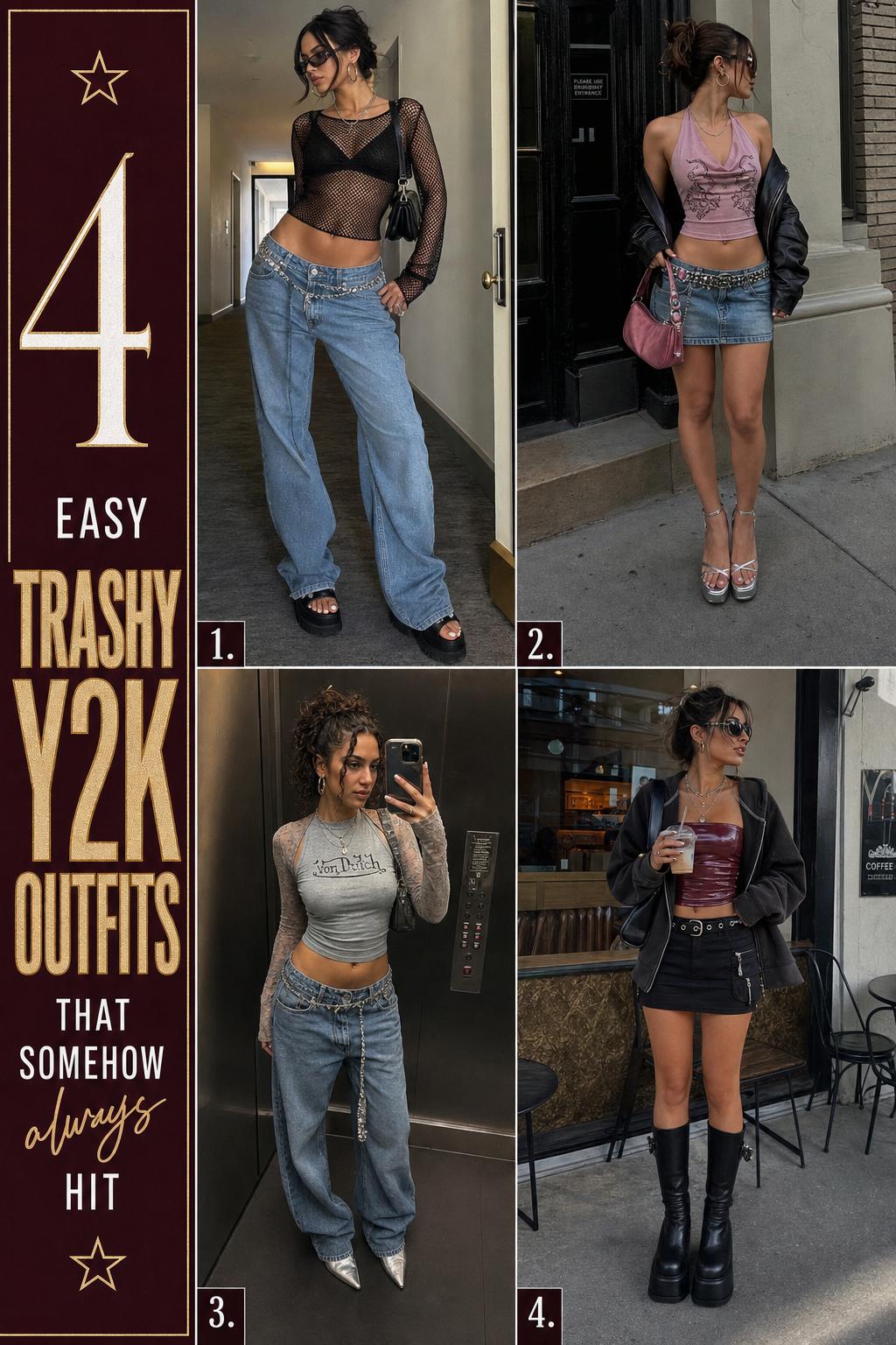 Trashy y2k outfits collage with four low-rise denim looks, mesh tops, mini skirts, chain belts and platform shoes