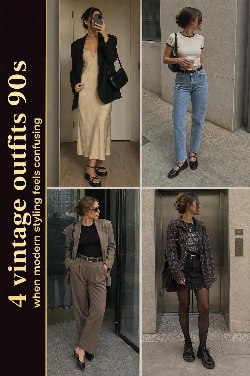 Vintage outfits 90s collage with 4 modern wearable looks on real models, from slip dress blazer to denim and grunge layers
