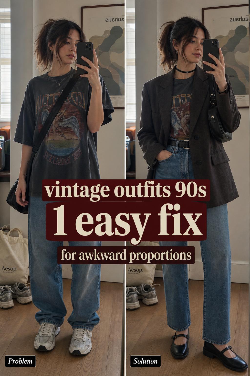 Vintage outfits 90s street style with denim jacket, high-waisted jeans and sneakers in an urban setting