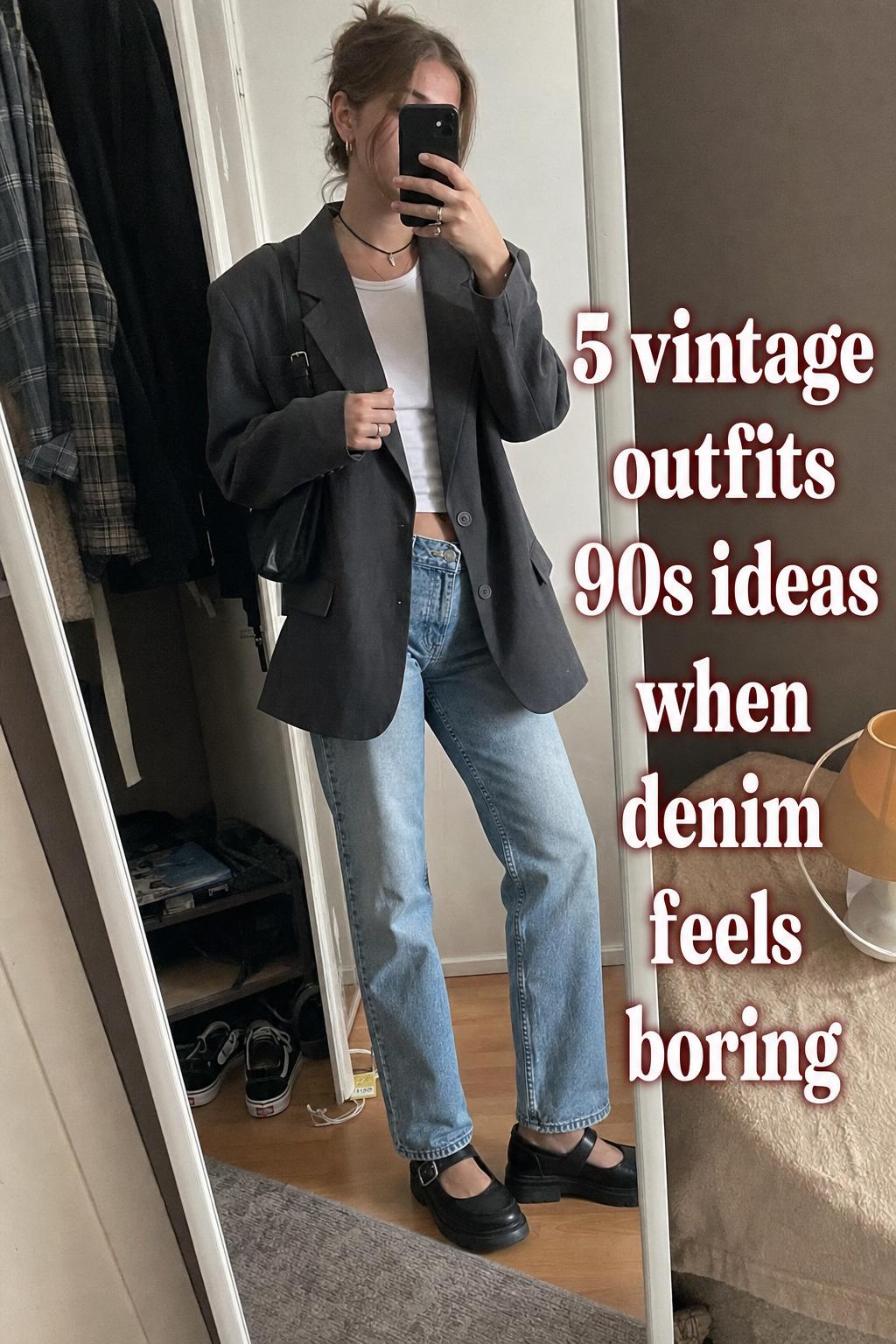 Woman mirror selfie in apartment wearing blazer and mom jeans, showcasing vintage outfits 90s style with text overlay