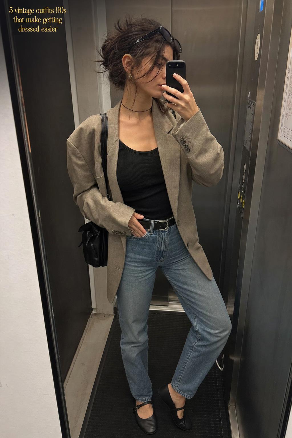 Mirror selfie of woman styling vintage outfits 90s with oversized blazer, mom jeans, tank top and Mary Janes in hallway
