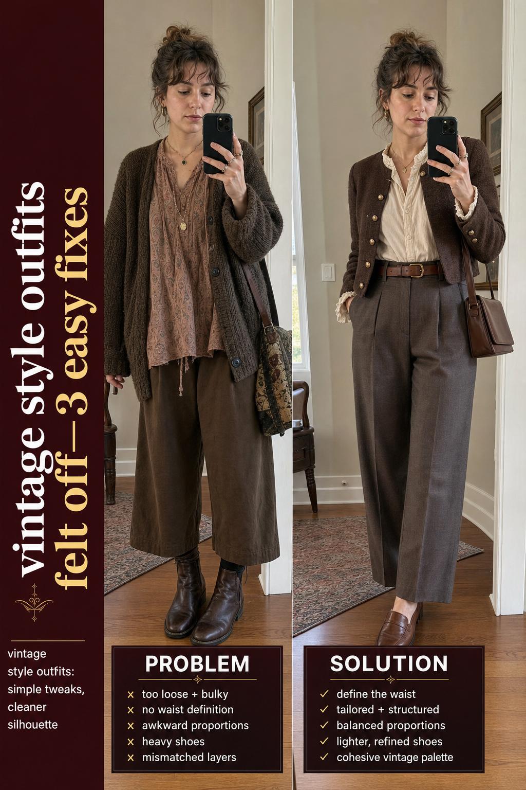 Vintage style outfits displayed on a clothing rack in a softly lit boutique, featuring classic dresses and accessories