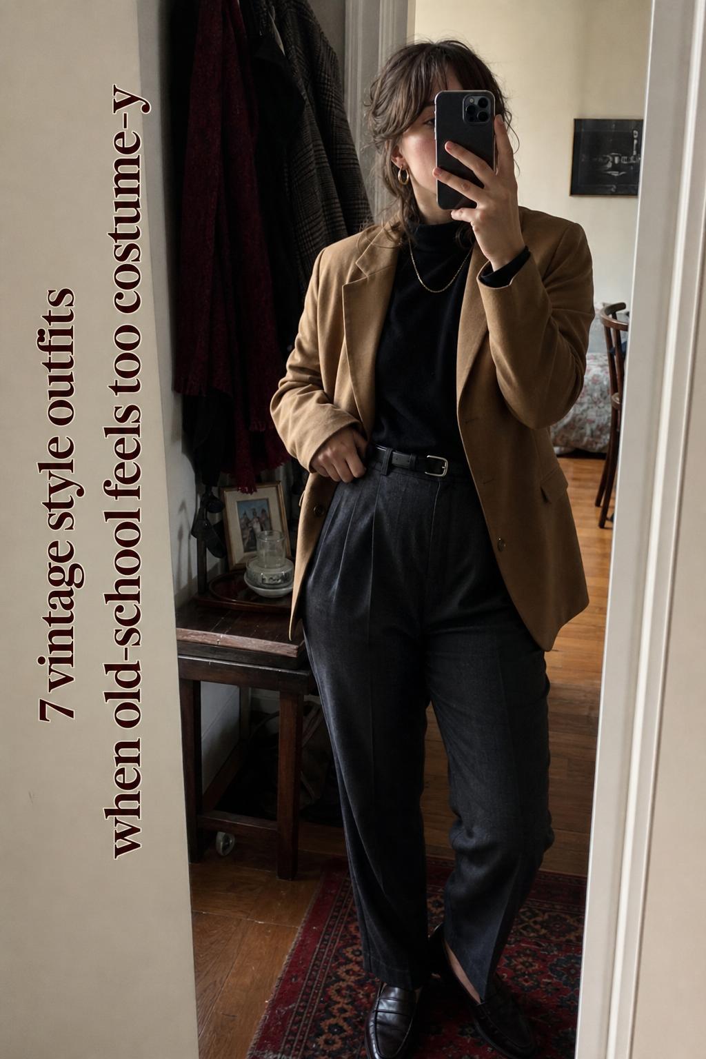 Mirror selfie of woman in blazer and trousers showing vintage style outfits in a lived-in apartment with text overlay.