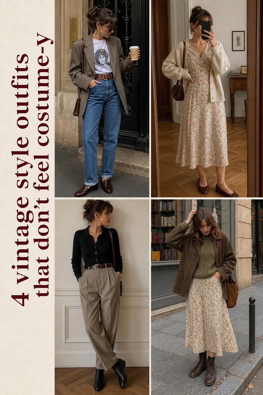 Vintage style outfits grid with four modern wearable looks, neutral tones, and bold text overlay for Pinterest.