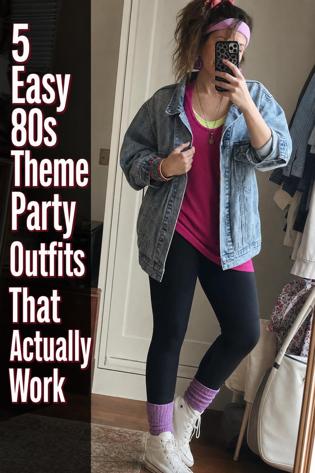 Mirror selfie showing wearable 80s theme party outfits with an acid-wash denim jacket, leggings, leg warmers, and high-tops.