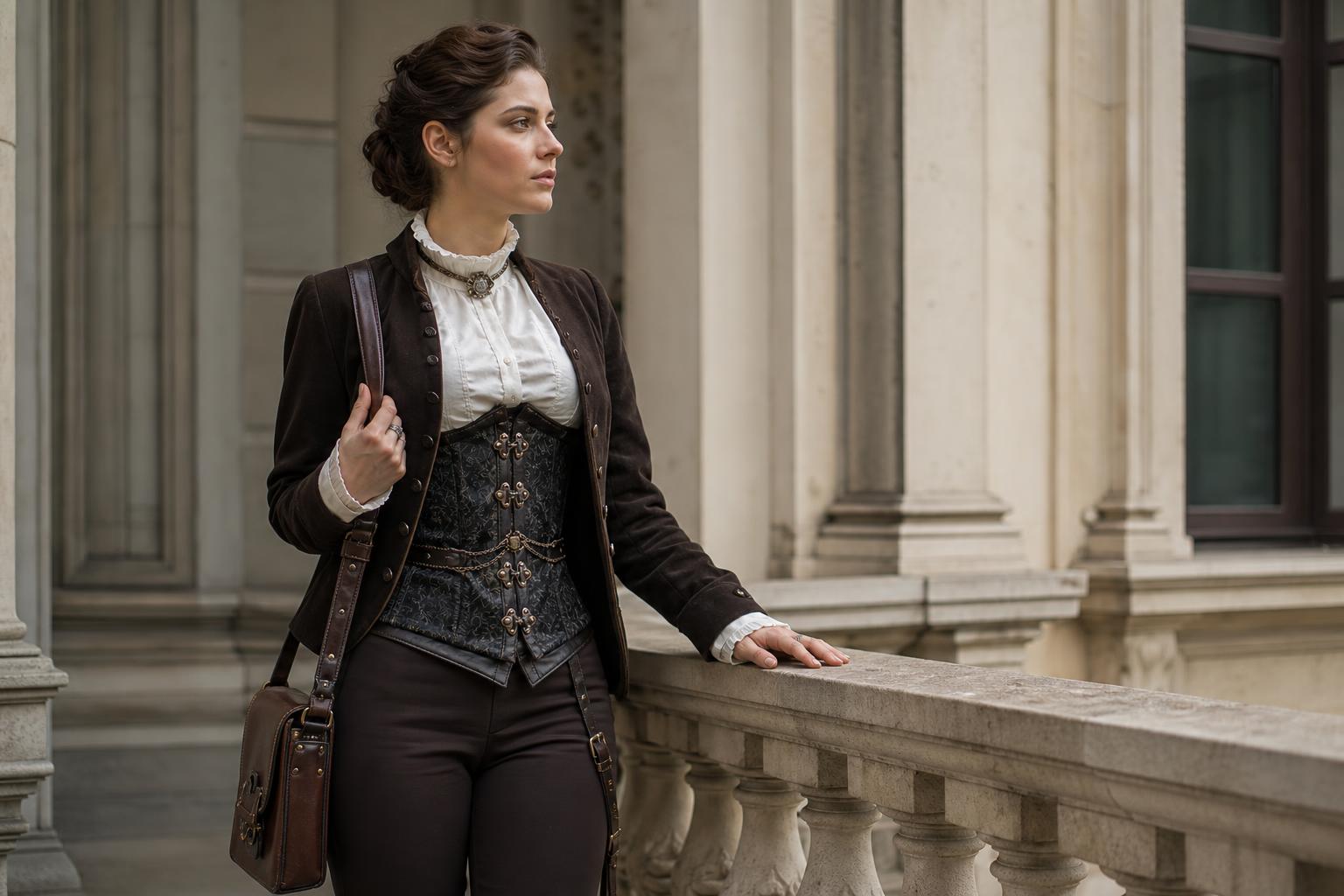 Wearable steam punk fashion outfit with tailored waistcoat, crisp blouse, midi skirt, and leather boots in a city street