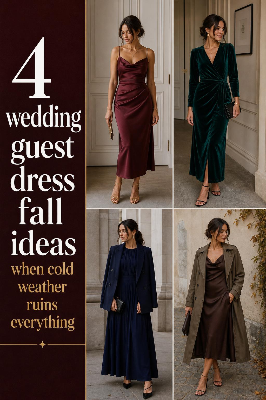 Wedding guest dress fall outfit ideas pin showing four women in burgundy, emerald, navy and brown dresses in neutral settings