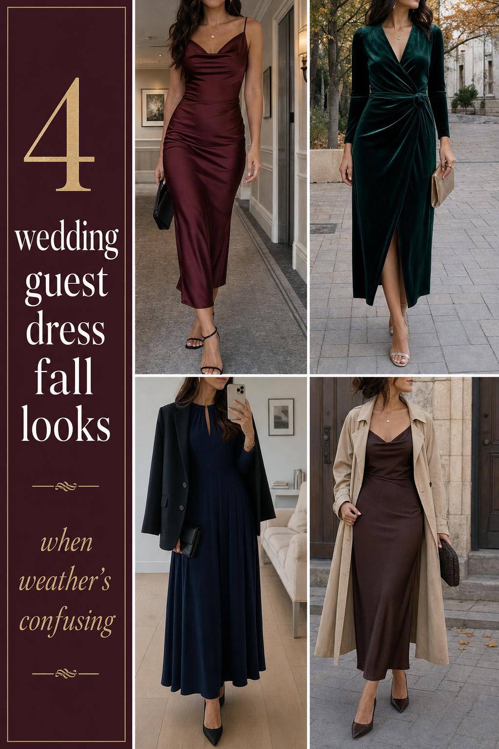 Wedding guest dress fall outfit grid showing four realistic autumn wedding guest looks in burgundy, emerald, navy, and plum