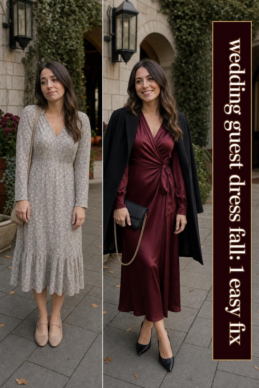 Wedding guest dress fall in warm autumn tones, elegant midi style for a seasonal celebration